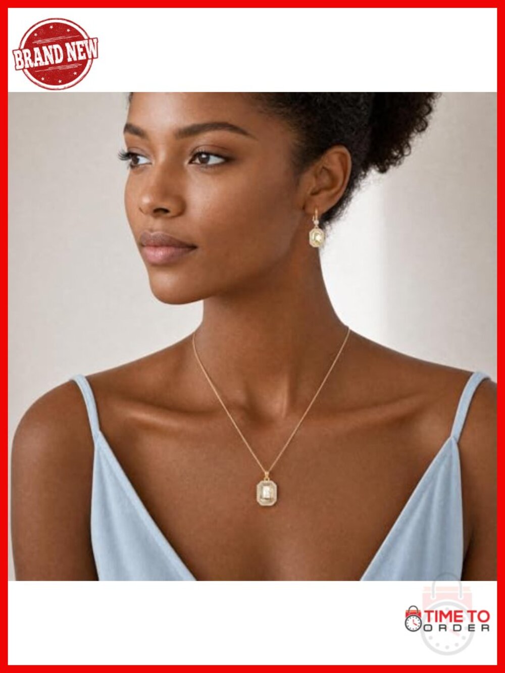 14K Gold-Plated Octagon Austrian Crystal Necklace and Earrings Set with CZ Halo - Picture 3 of 6